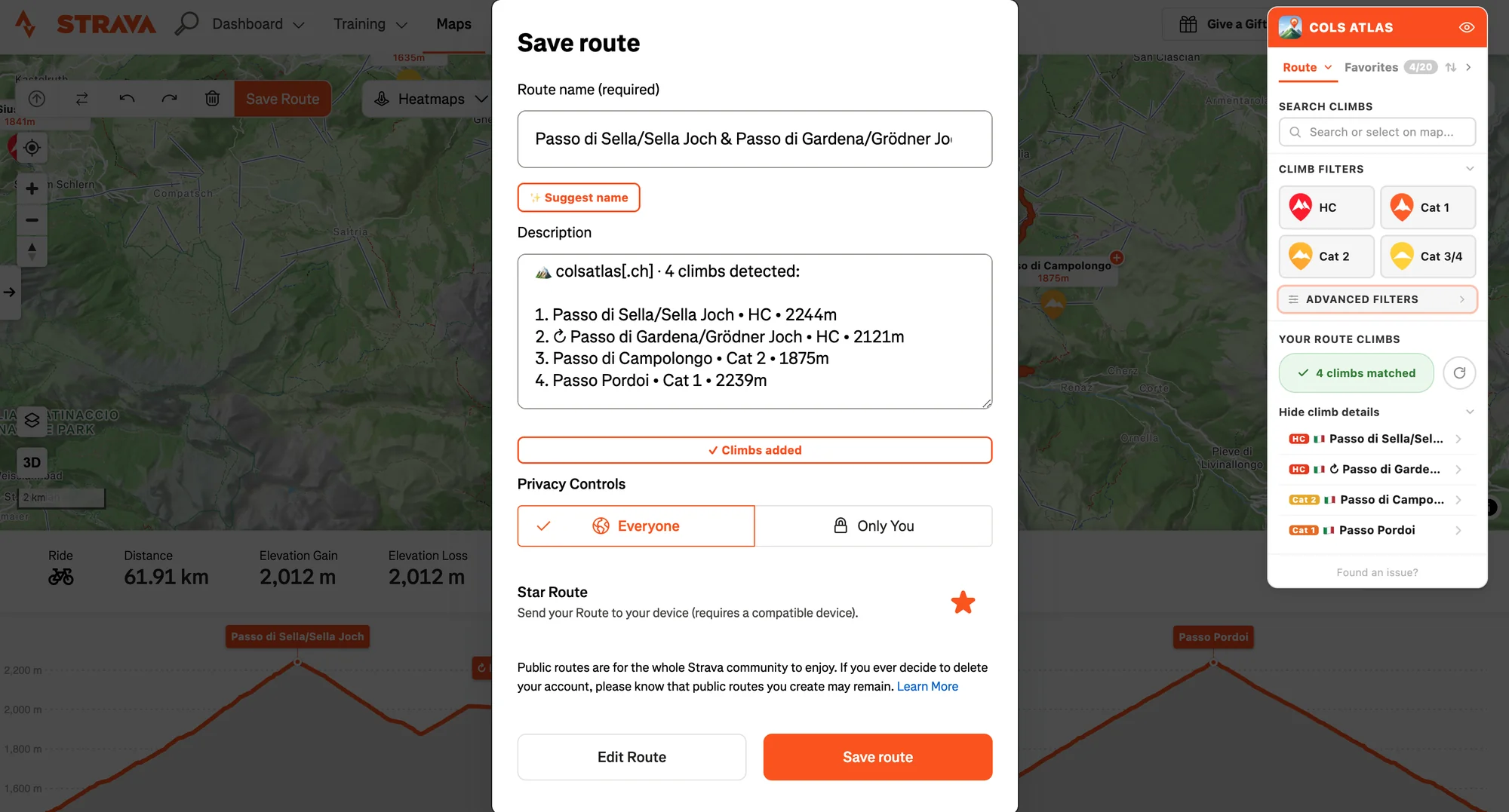 Every climb saved with your route